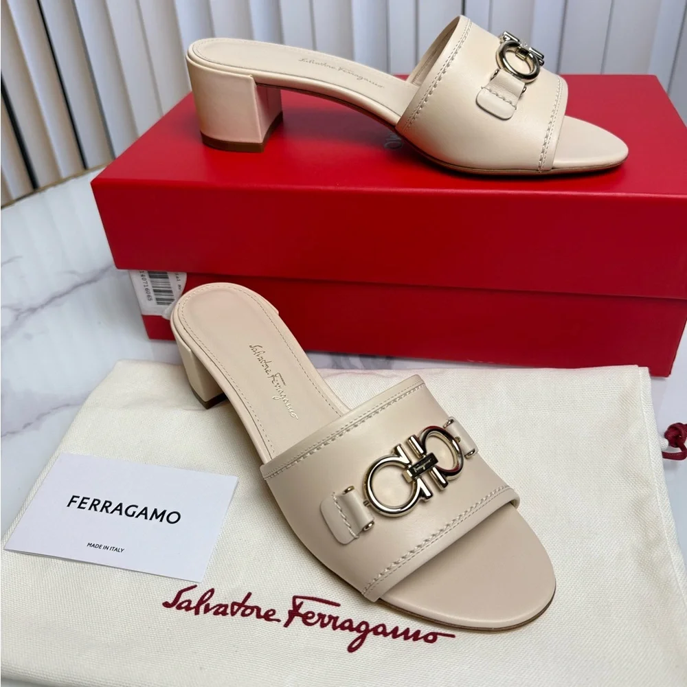 Salvatore Ferragamo‎ Rhodes Bone Calf Leather Slide Mule Heels 4cm Italy 6.5C